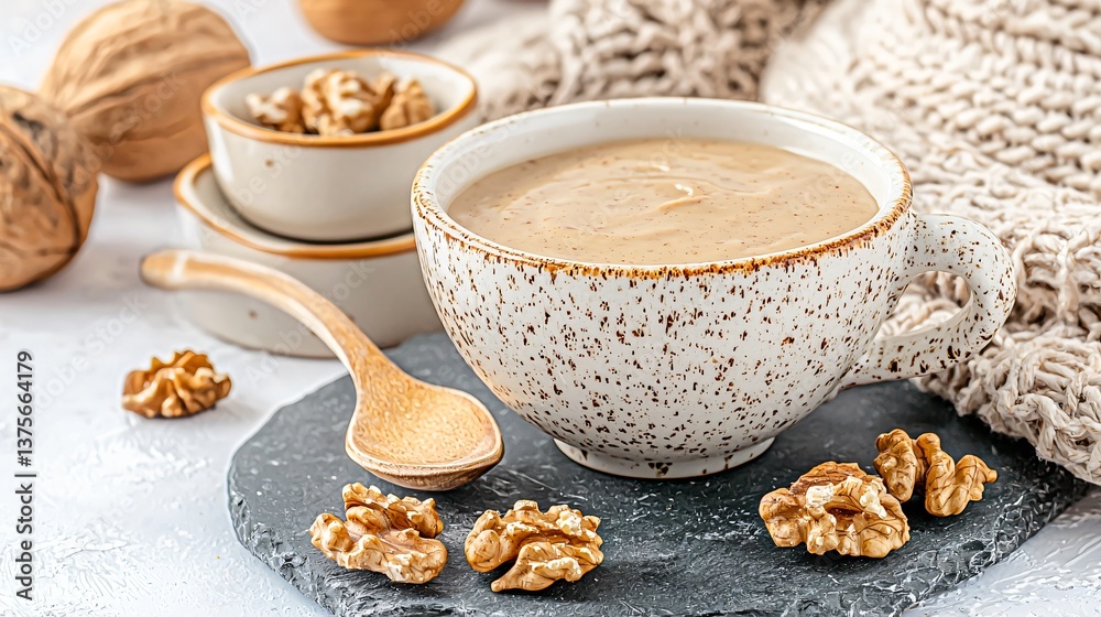 Creamy walnut soup in a textured mug, with walnut halves, and wooden spoon. Cozy setting, warm tones Creamy walnut soup in a textured mug, with walnut halves, and wooden spoon. Cozy setting, warm tones