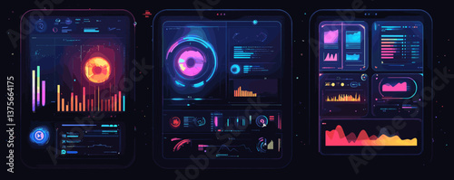Futuristic data dashboard with graphs and charts in neon colors – vector.