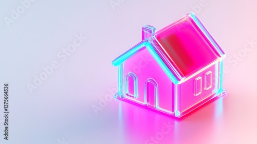 Glowing neon pink glass house on soft gradient background