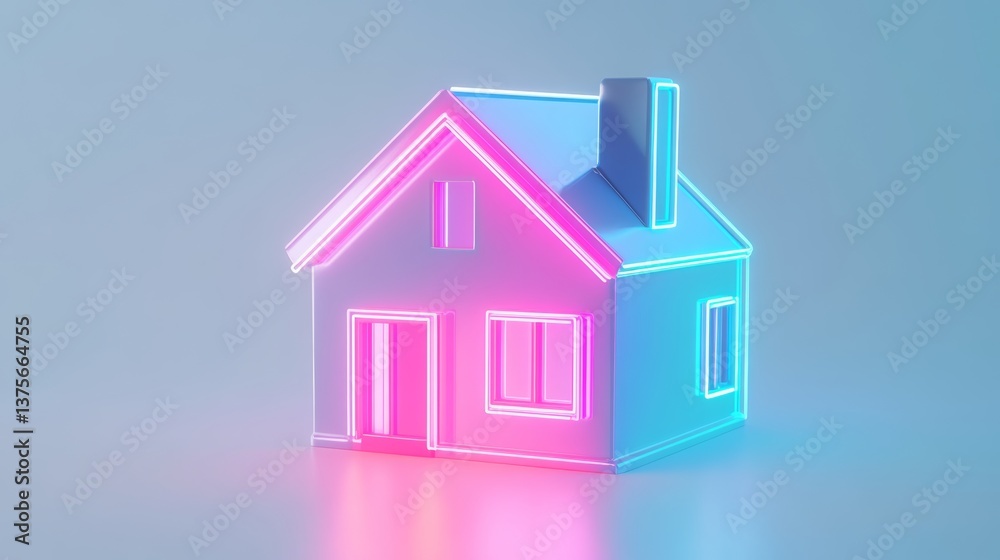 Neon lit house model with futuristic glow against soft blue background Neon lit house model with futuristic glow against soft blue background