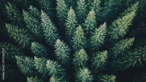 Aerial view of lush evergreen forest.