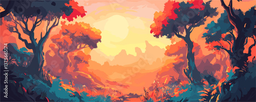 Vibrant sunset forest landscape with colorful trees and foliage, dreamy nature scenery - vector.