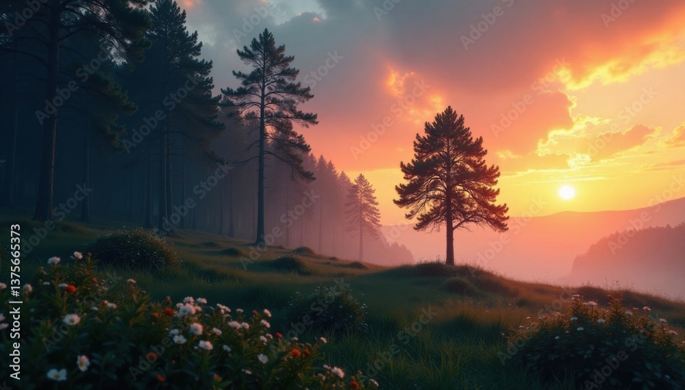 A serene forest at dusk with a lone tree standing tall , trees, forest, serene A serene forest at dusk with a lone tree standing tall , trees, forest, serene