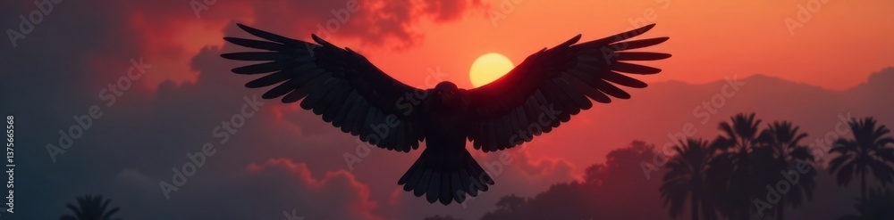 Obraz premium Beautiful black wings with subtle red hues in a misty dawn scene, bird, dawn