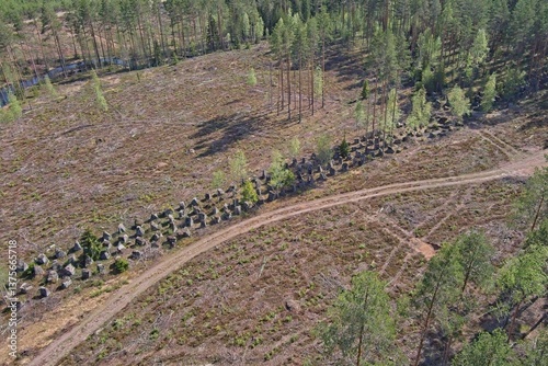 Aerial view of Finnish anti tank boulders near bunke B186 at Salpa Line (Salpalinja) which is a 1200 km fortification (defence) line from the Second Word War, Hostikka, Ylämaa, Finland. photo