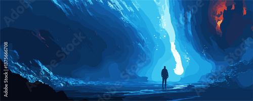 Lone figure standing in mysterious cave with blue and orange glow, vector.