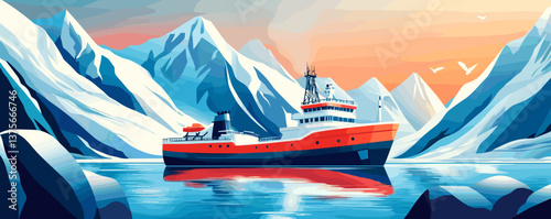 Arctic expedition ship in icy mountain landscape with reflective water scene - vector.