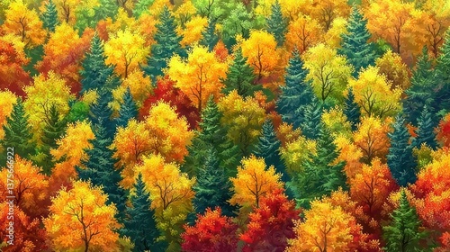 Aerial view of vibrant autumn forest with colorful trees.