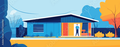 Modern mid-century house with vibrant colors and minimalist design - vector.