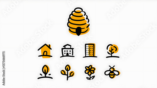 Simple hand-drawn icons: home hive building tree flower bee Organic nature-themed design