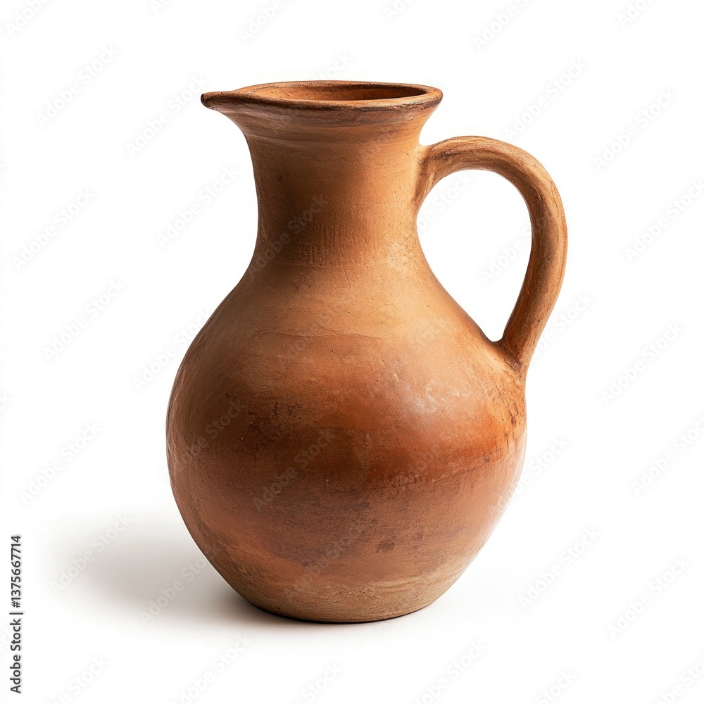 Rustic Pottery Pitcher Still Life with Handle on White Background Rustic Pottery Pitcher Still Life with Handle on White Background