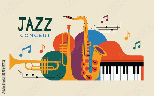 Colourful jazz instruments and notes
