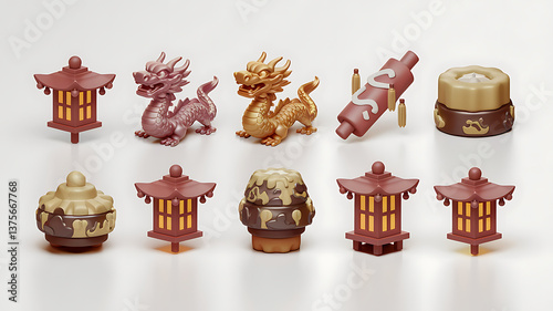 Chinese New Year themed 3D objects lanterns dragons and a pastry