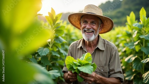 An elderly farmer stands proudly in a lush green field, his weathered face lit up with a warm smile, wearing a straw hat and traditional clothes—capturing a lifetime of experience, hard work, and harm