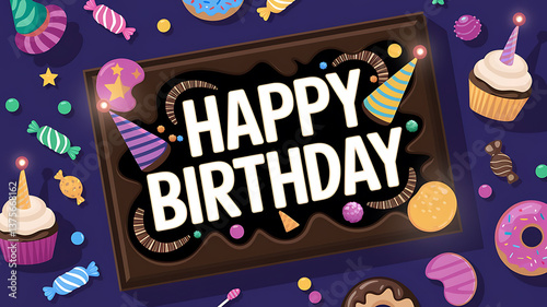 A flat lay design featuring a chocolate box with Happy Birthday text decorated with various sweets and candies suitable for a birthday card or advertisement