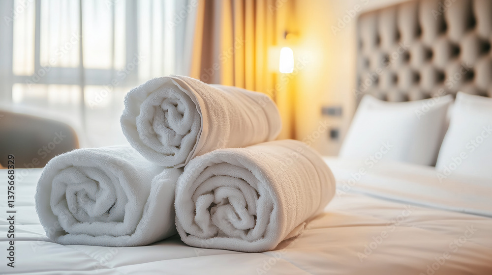 Three rolled white towels laid out on a bed in a cozy hotel room Three rolled white towels laid out on a bed in a cozy hotel room