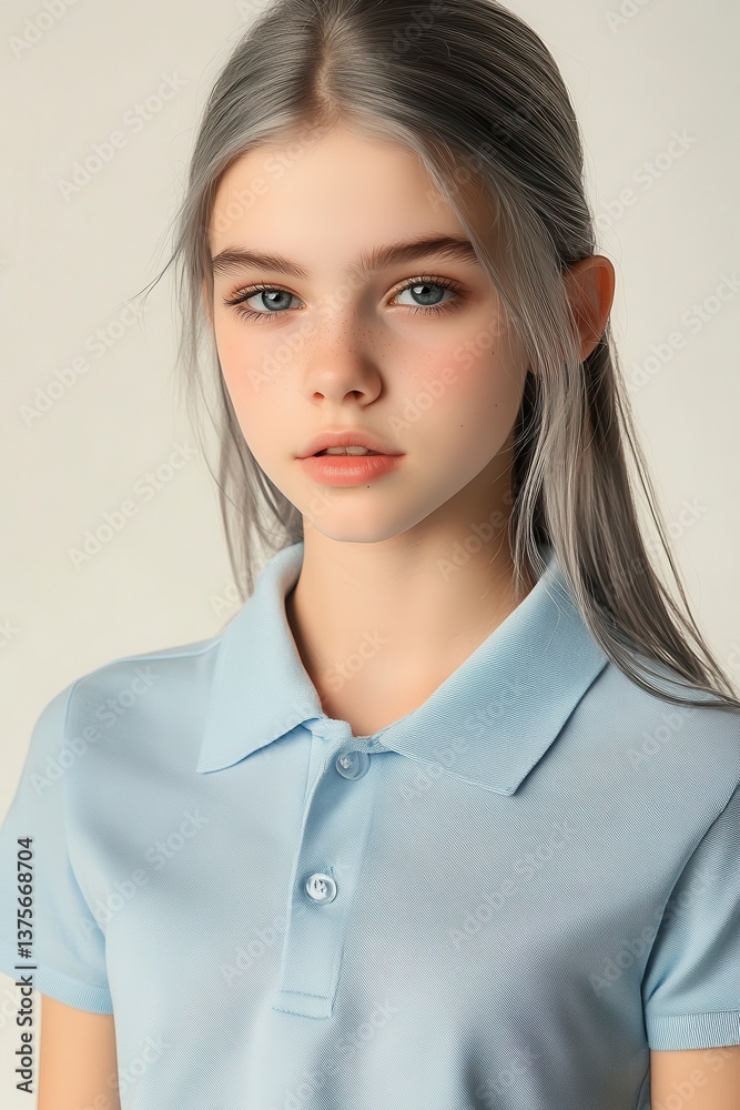 Portrait of a Young Woman with Silver Hair Wearing a Light Blue Polo Shirt Portrait of a Young Woman with Silver Hair Wearing a Light Blue Polo Shirt