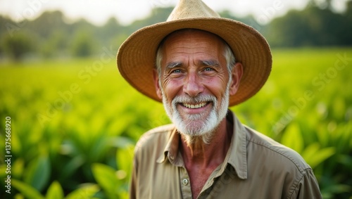 An elderly farmer stands proudly in a lush green field, his weathered face lit up with a warm smile, wearing a straw hat and traditional clothes—capturing a lifetime of experience, hard work, and harm