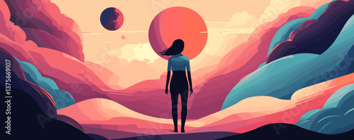 Silhouette of woman in surreal landscape with two planets, dreamlike sky vector.