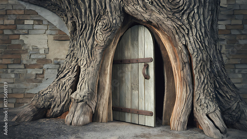 Enchanted tree trunk doorway rustic fantasy wooden door