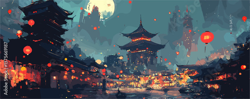 Vibrant moonlit night in traditional asian village with lanterns - vector.