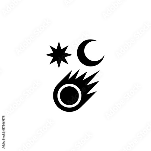 Black Celestial Icons: Star, Crescent Moon & Comet on White
