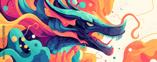 Colorful abstract dragon head in swirling vortex of vibrant flames and fluid patterns, vector.
