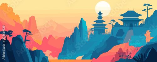 Serene landscape with pagodas and mountains at sunset - vector.