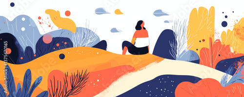 Vibrant abstract landscape with sitting woman on hillside, nature and creativity themed vector.