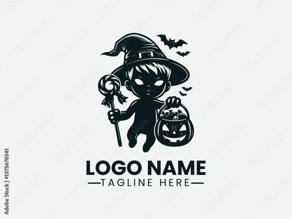 Fototapeta premium Skinned Boy Witch Hat Candy Basket Holiday Vector Logo Design, Boy Witch Hat Candy Logo