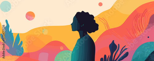 Abstract woman silhouette amidst vibrant nature inspired backdrop - vector.