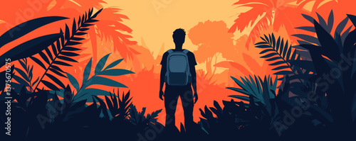 Silhouette of backpacker in jungle landscape at sunset vector.