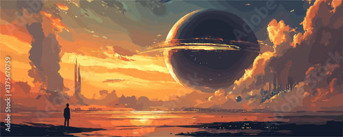 Majestic sunset landscape with planetary sky and silhouette of figure - vector.