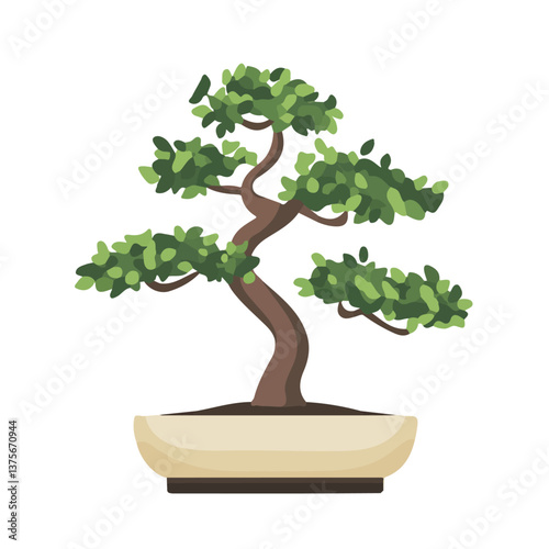 Flat vector bonsai tree, minimalist design, isolated on a white background.

