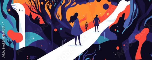 Surreal landscape with two silhouettes on a path at sunset - vector.