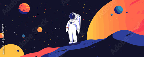 Astronaut exploring colorful alien planet with stars and planets in background - vector.
