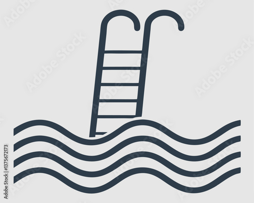 Simple line art illustration of a swimming pool ladder entering wavy water.