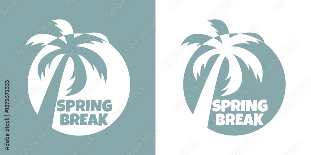 Logo vacaciones de primavera. Mensaje SPRING BREAK con silueta de la palma en espacio negativo en círculo 