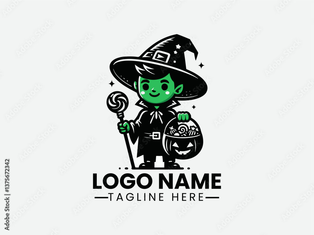 Fototapeta premium Skinned Boy Witch Hat Candy Basket Holiday Vector Logo Design, Boy Witch Hat Candy Logo