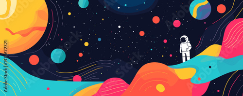 Astronaut exploring vibrant cosmic landscape with colorful planets and stars vector.