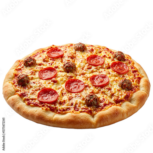 Delicious pepperoni and sausage pizza bubbling cheese on a fluffy crust sizzling hot and ready to serve