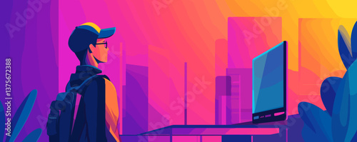 Person with backpack watching sunset on rooftop in vibrant cityscape - vector.