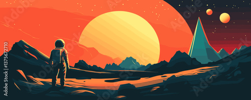 Astronaut exploring alien landscape with sun and planets in background - vector.