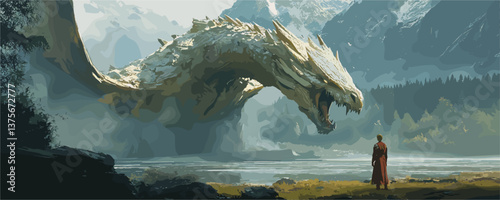 Majestic dragon confronts lone warrior in epic mountain landscape - vector.