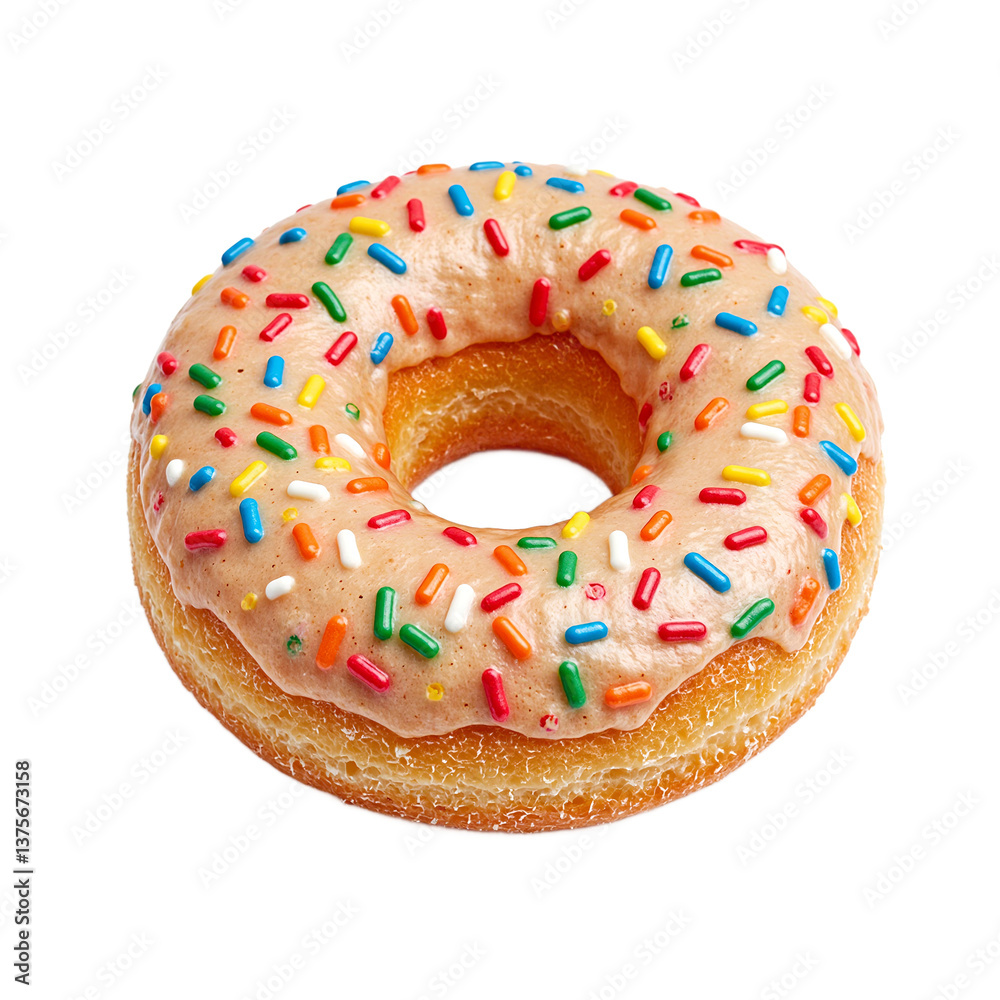 Golden brown donut with colorful sprinkles and sugar glaze Perfectly centered on white background Delicious and irresistible treat