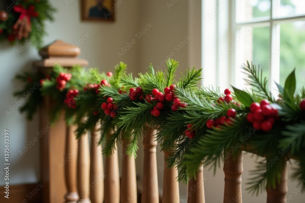 Festive garland wrapped around wooden railing with red berries and greenery, wooden, red berries Festive garland wrapped around wooden railing with red berries and greenery, wooden, red berries