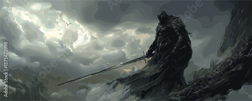 Mysterious hooded warrior with long sword on cliff in stormy landscape vector.