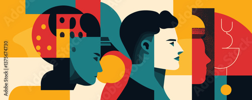 Abstract geometric art with human silhouettes in bold colors vector.