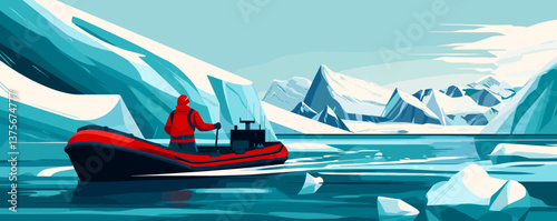 Arctic explorer in inflatable boat navigating icy waters with majestic mountain views - vector.
