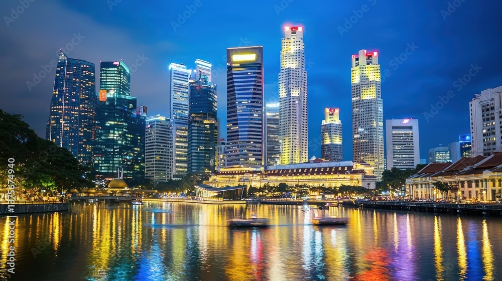 Fototapeta premium Night cityscape with illuminated skyscrapers and waterfront reflections.